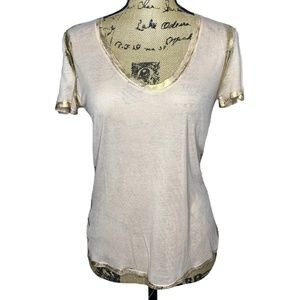 Zadig and Voltaire T Shirt XS Beige Gold V Neck Short Sleeve Top